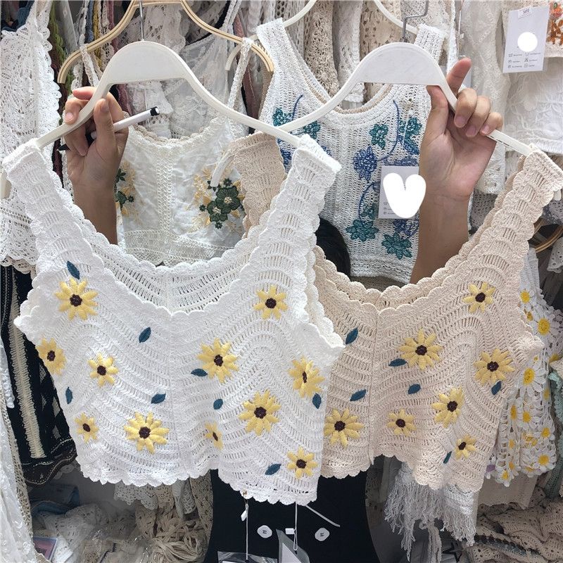 (Order) Áo croptop 2s len móc thêu hoa hướng dương