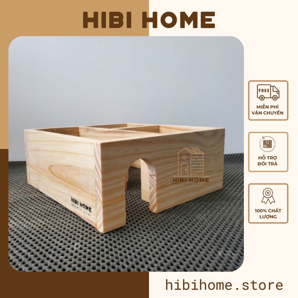 HiBi Home Nhà Ngủ Hầm Trú Ẩn 3 Ngăn Cho Lồng Hamster Bằng Gỗ Thông Cao Cấp 24*24*9cm