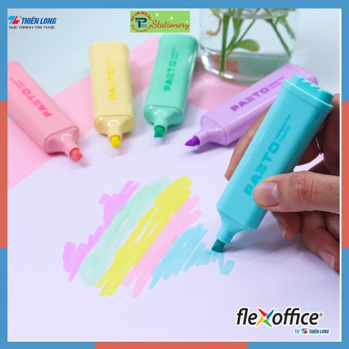 Bút dạ quang màu Pastel Thiên Long Flexoffice Pazto FO-HL009/VN - Bút dạ quang rửa được - Không để lại vết khi Photocopy