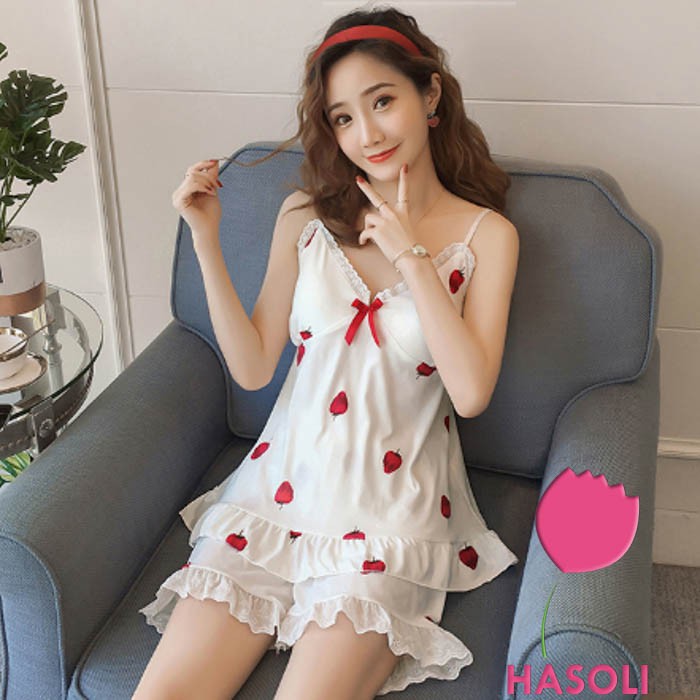 Bộ Đồ Ngủ Cotton Thun 2 Dây Viền Ren-Đồ Mặc Nhà Hồng Dễ Thương Có Lót Đệm Ngực DB11