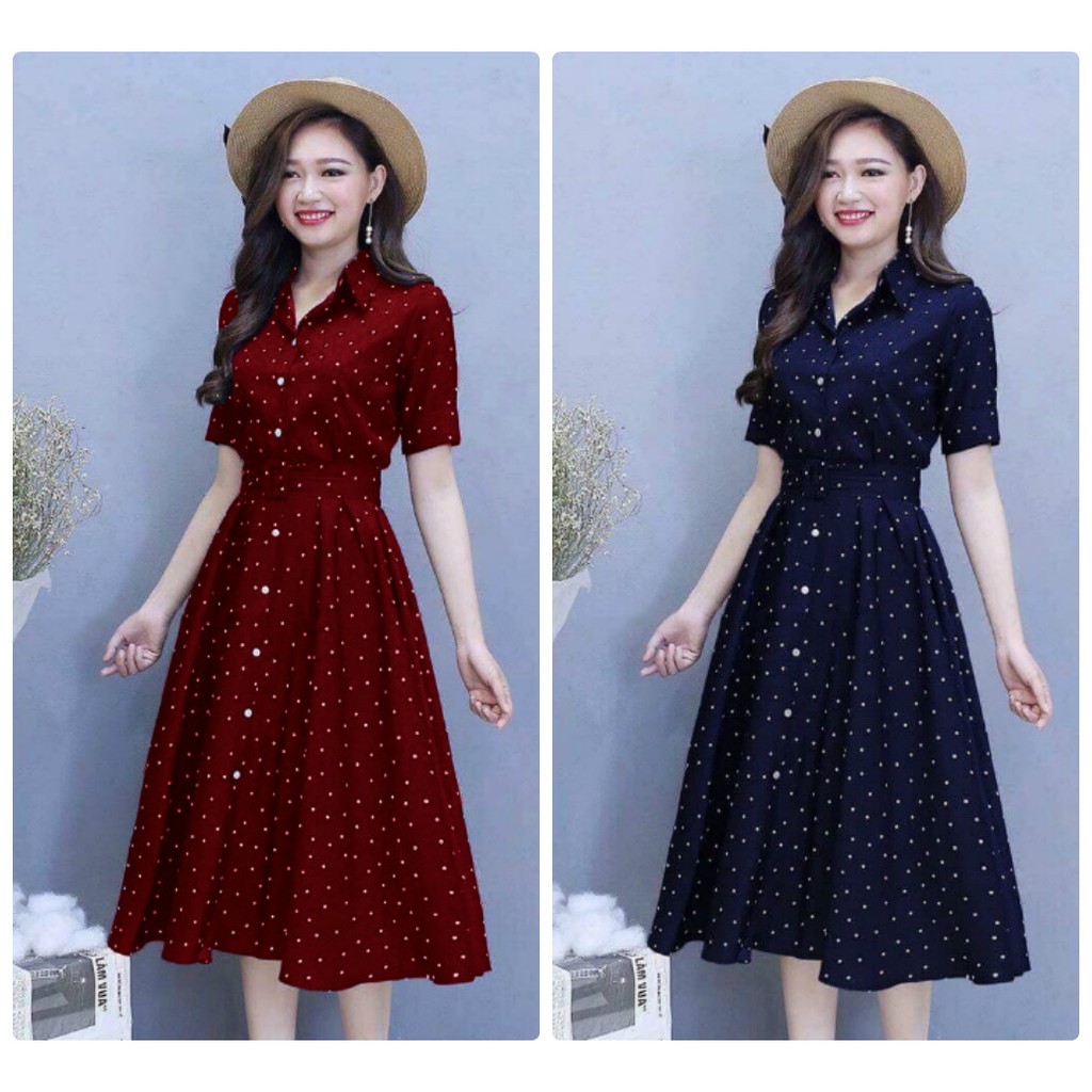 ( 4 màu có sẵn, 5 size) Đầm Xòe Chấm Bi Kèm Bell