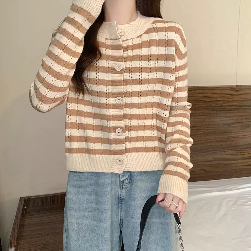 Áo cardigan dệt kim ZHELIHANGFEI tay dài eo cao họa tiết sọc đơn giản cá tính