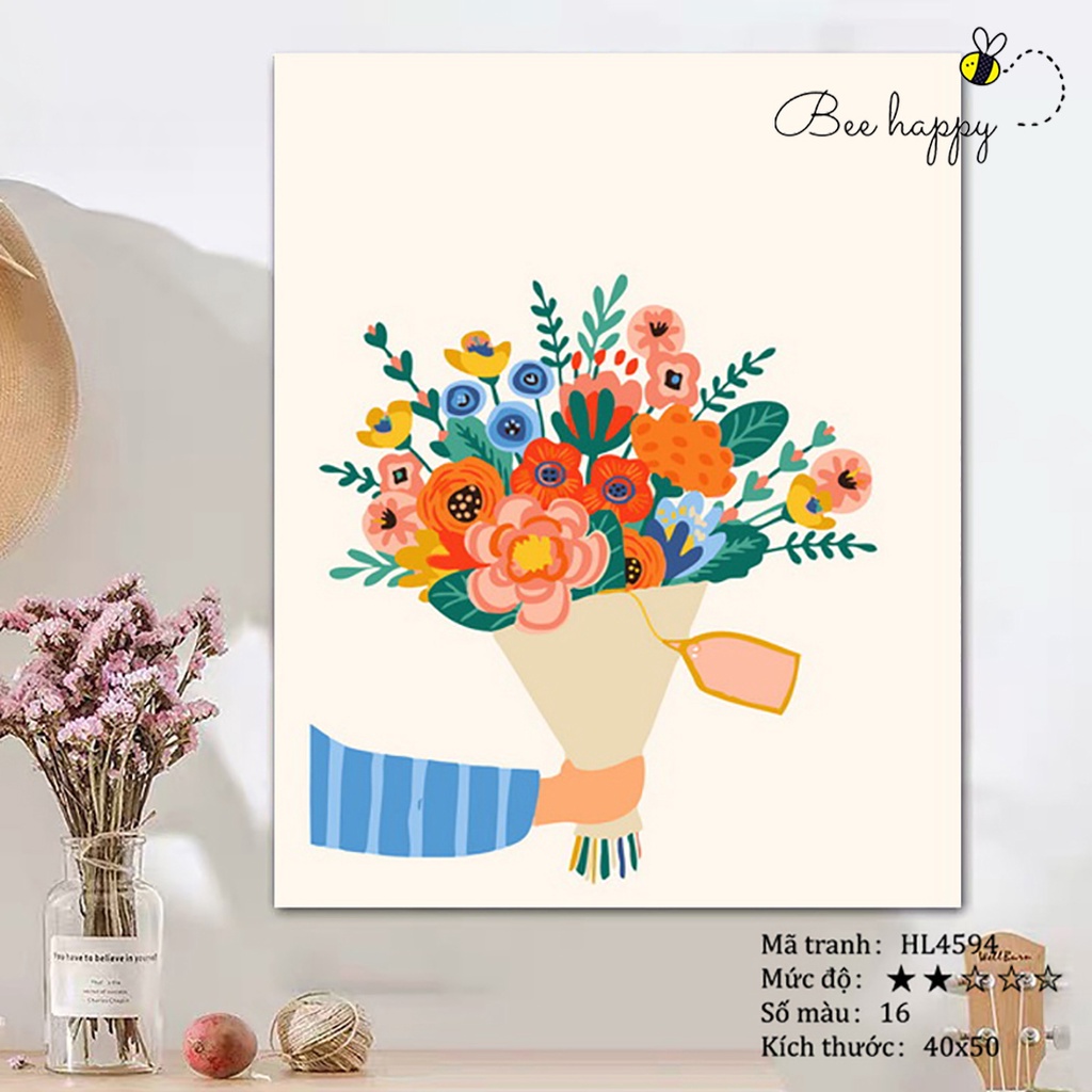 Tranh tô màu theo số Tặng hoa nè BEE HAPPY cao cấp màu 5ml, 2 bộ cọ có sẵn mã HL4594