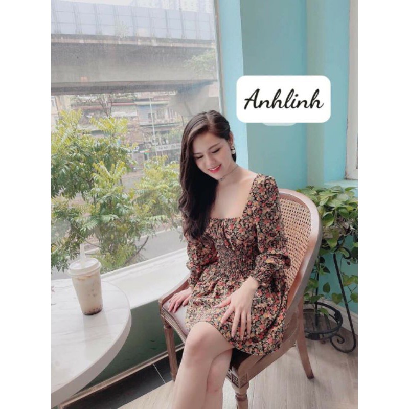 Váy hoa bo chun eo cổ vuông sexy dáng ngắn nhiều màu