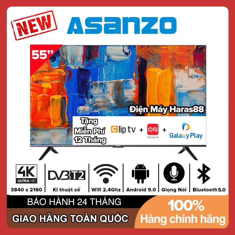 Smart Voice Tivi Asanzo 55 inch UHD 4K 55U71 Android 10.0, Remote Giọng Nói, Bluetooth 5.0, Wifi 2.4Ghz, Ram 2GB, Rom 8