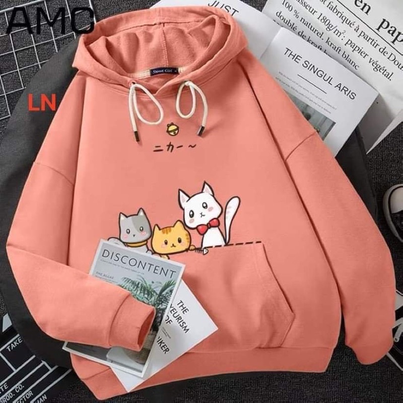 Áo hoodie ba mèo LN11, Áo nỉ Unisex from rộng, Chất nỉ ấm mặc không xù, thiết kế phong cách - MODY