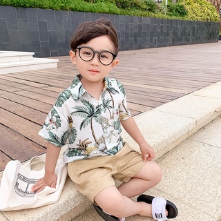 Bộ quần áo bé trai💚 Set áo sơmi cộc tay cổ vest họa tiết hoa lá và quần short cạp chun cho bé trai từ 8 đến 22 kg