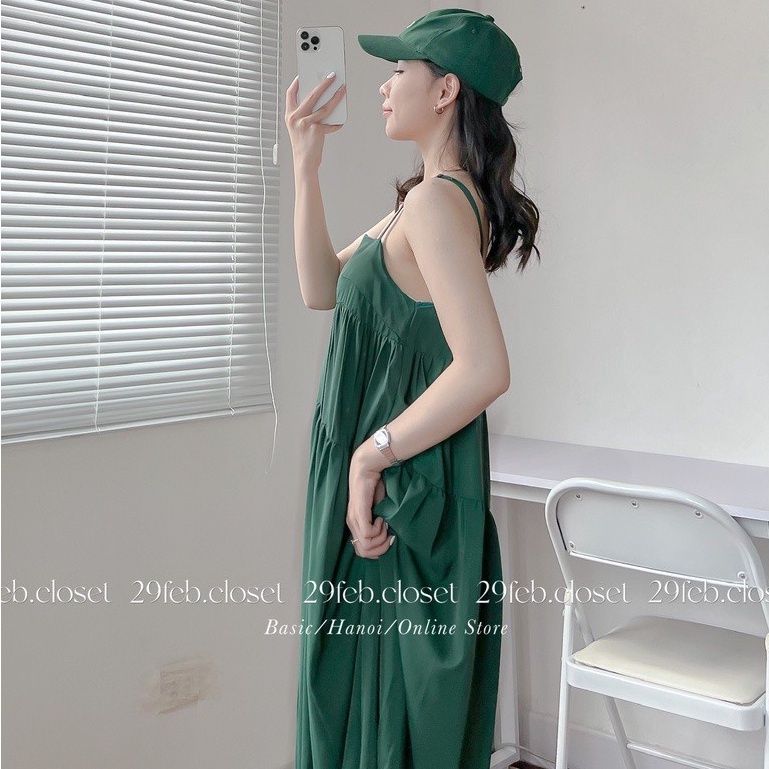 Váy hai dây dáng xòe 3 tầng dây chỉnh được màu xanh hottrend vanmiushop