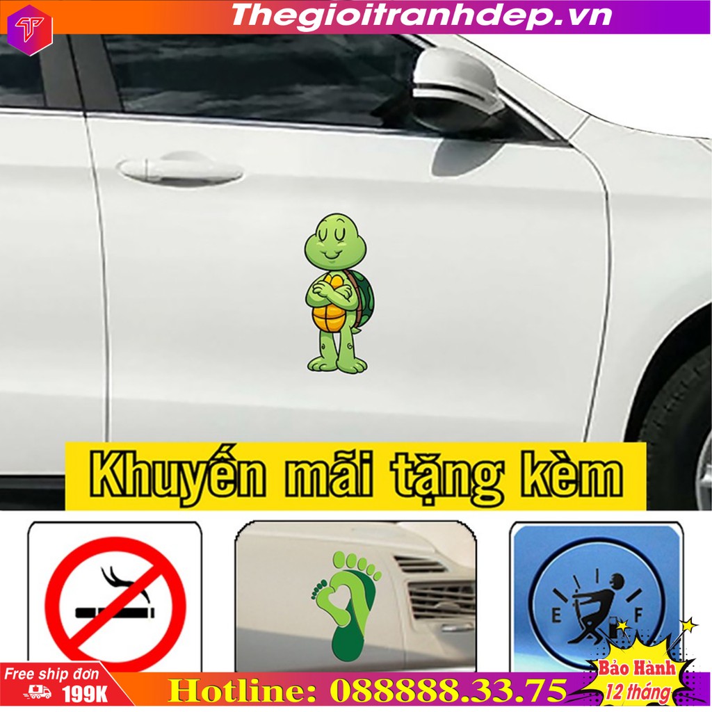 Decal xe hơi, tem dán xe hình rùa con vui vẻ