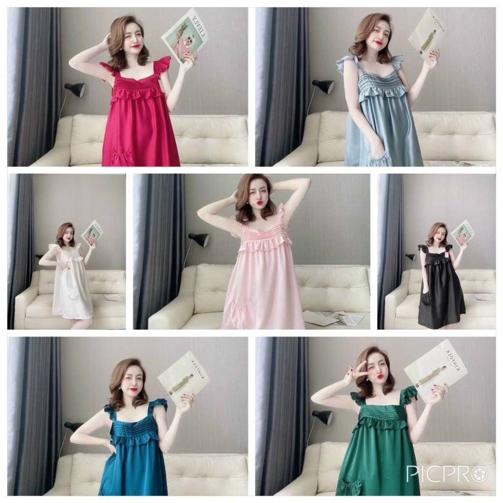 Đầm ngủ tiểu thư, Đầm Lụa Satin cao cấp tay cánh tiên có túi dễ thương
