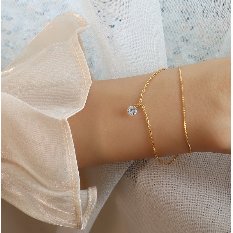 Lắc Tay 2 Tầng 1 Viên Đá Nhân Tạo Nhỏ Xinh Titan Ko Đen TT 4281