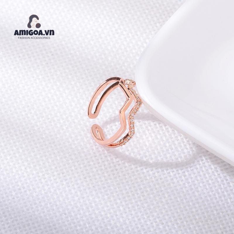 Nhẫn Hai Lớp Họa Tiết Gợn Sóng Đính Đá Zircon Thời Trang Bắt Mắt