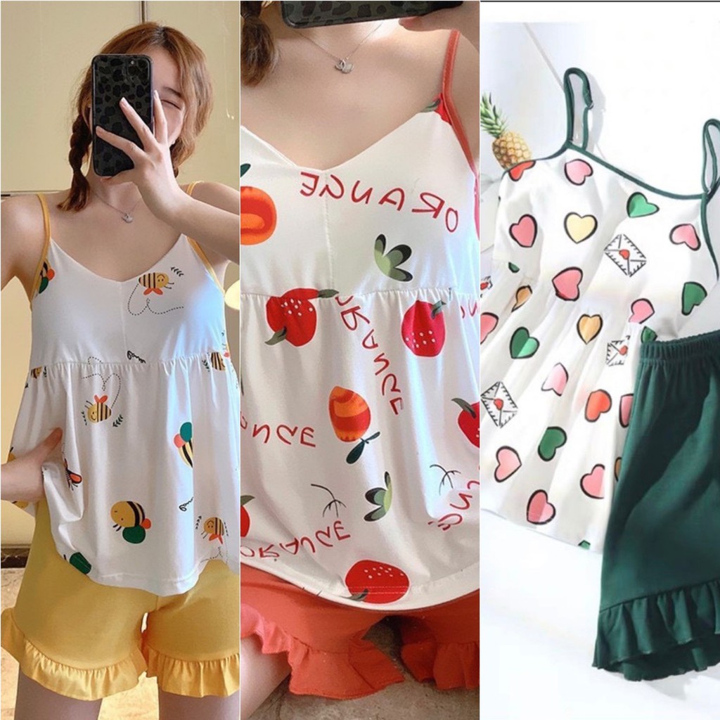 Bộ đồ ngủ 2 dây siêu cute- bộ đồ bầu chất thun cotton thoáng mát, thiết kế quần có khuy và chun  chỉnh BĐ834