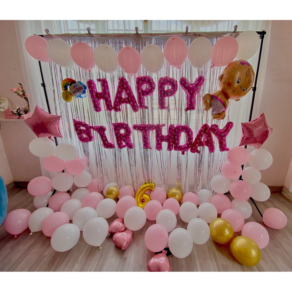 Set Trang Trí Tiệc Sinh Nhật 2 Rèm Kim Tuyến Bóng Chữ Happy Birthday và 50 bóng nhũ dành cho bé trai bé gái