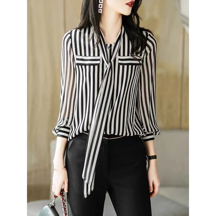 Áo Sơ Mi Chiffon Cao Cấp Tay Dài Họa Tiết Kẻ Sọc Thắt Nơ Thời Trang Mùa Thu 2022 Hàng Mới Dành Cho Bạn Nữ