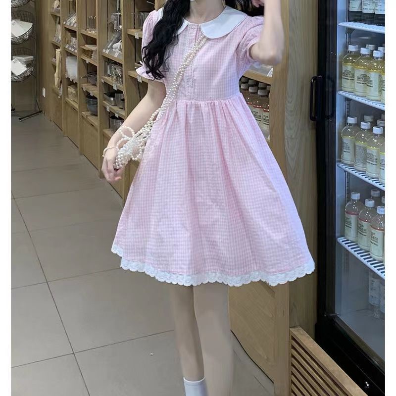 ✨váy babydoll đầm công chúa Đầm Cổ Búp Bê Họa Tiết Sọc Caro Phong Cách Hàn Quốc Cho Nữ