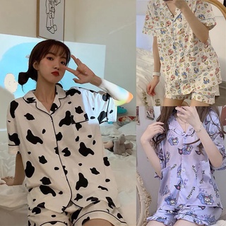Bộ Pijama Ngắn Tay In Họa Tiết Bò Sữa Cho Nữ