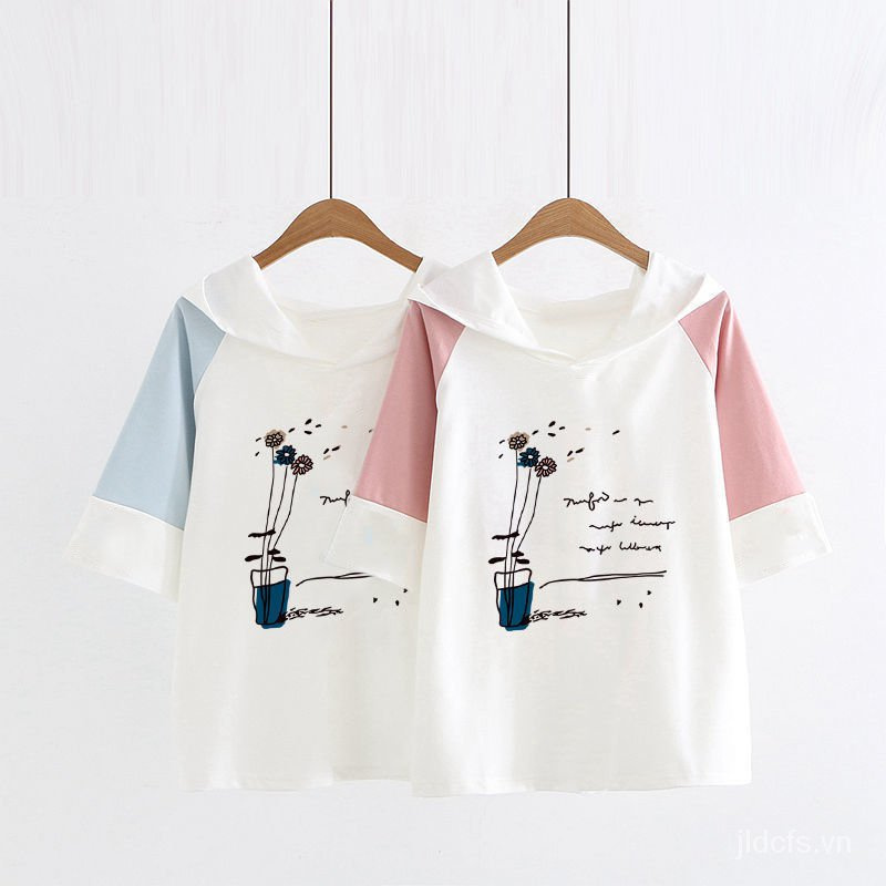 Áo Hoodie Tay Ngắn Chất Liệu Cotton Mềm Mại In Họa Tiết Hoạt Hình Phong Cách Nhật Bản Thời Trang Mùa Hè Cho Nữ