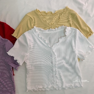 Áo croptop trơn thun gân viền sóng giả cúc