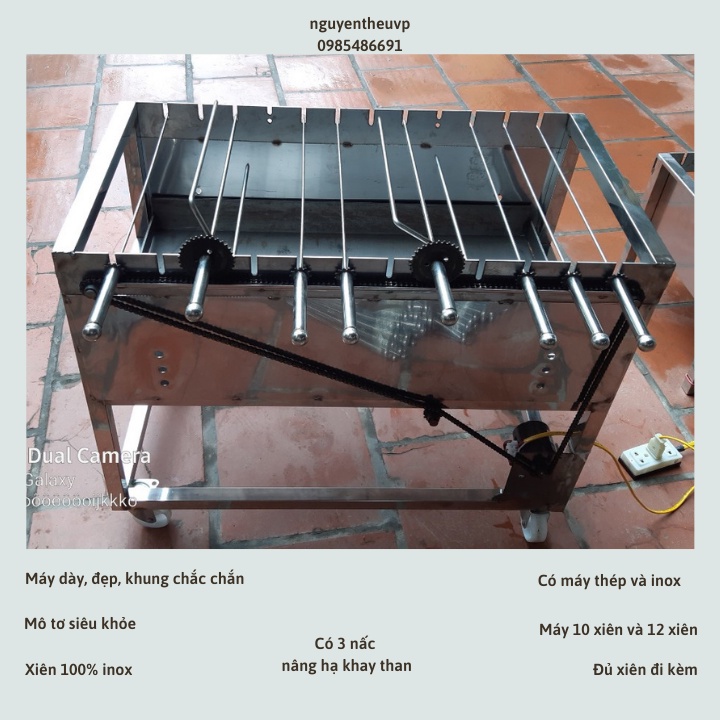 Máy nướng thịt chả mini Bếp nướng than hoa lò quay gà vịt mô tơ tự động 10 xiên (tặng 10 xiên đơn và 2 xiên 3 bằng inox)