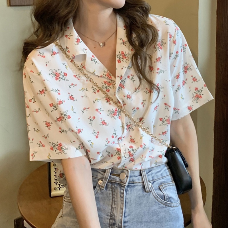 Áo sơ mi chiffon IELGY tay ngắn dáng ôm in họa tiết phong cách mùa hè thời trang cho nữ