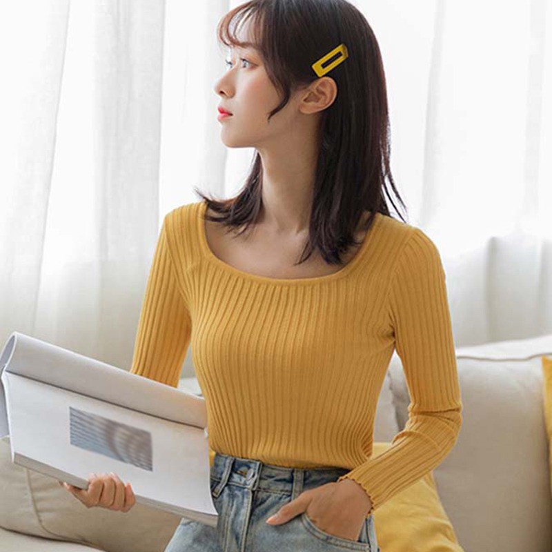 Áo Dệt Kim Tay Dài Cổ Vuông Màu Trơn Thanh Lịch