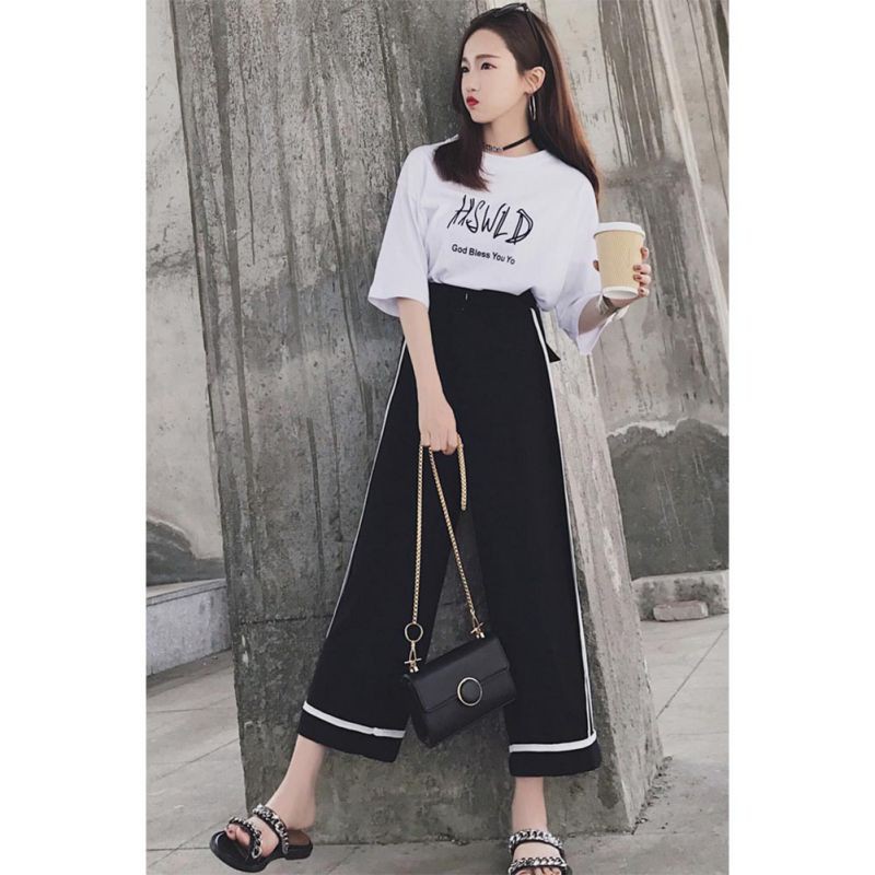 Set áo thun ngắn tay cổ tròn + quần dài ống rộng thời trang cho nữ | BigBuy360 - bigbuy360.vn