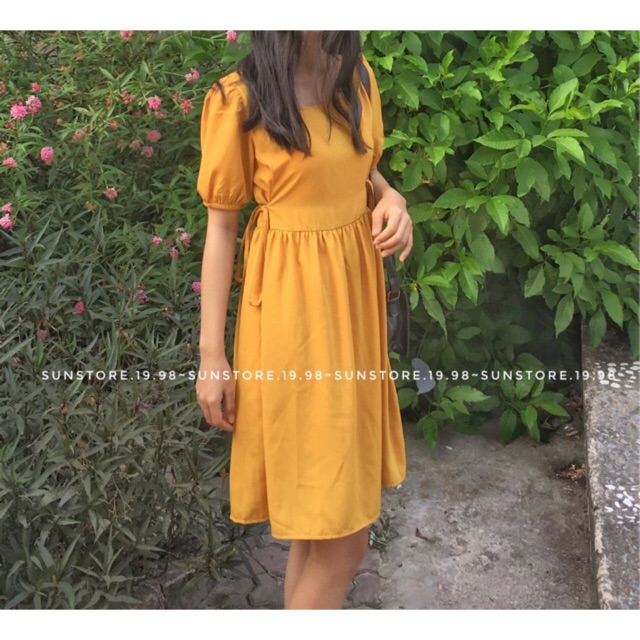 Đầm váy dự tiệc dáng xòe cổ vuông cột dây hông eo tay phồng | BigBuy360 - bigbuy360.vn