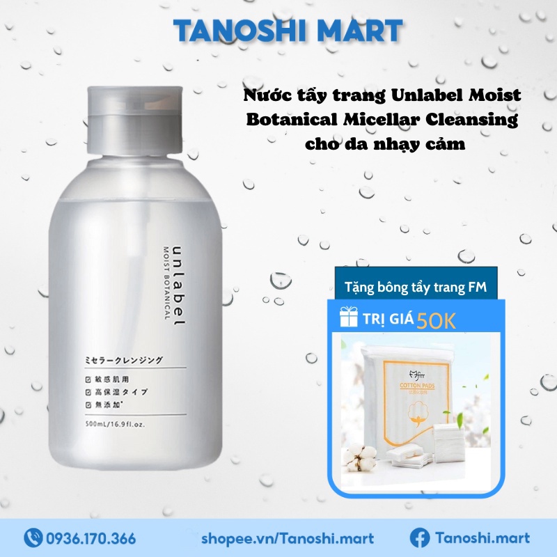 Nước tẩy trang sạch sâu, không cồn cho da dầu mụn nhạy cảm Unlabel Moist Botanical 500ml - Tanoshi Mart