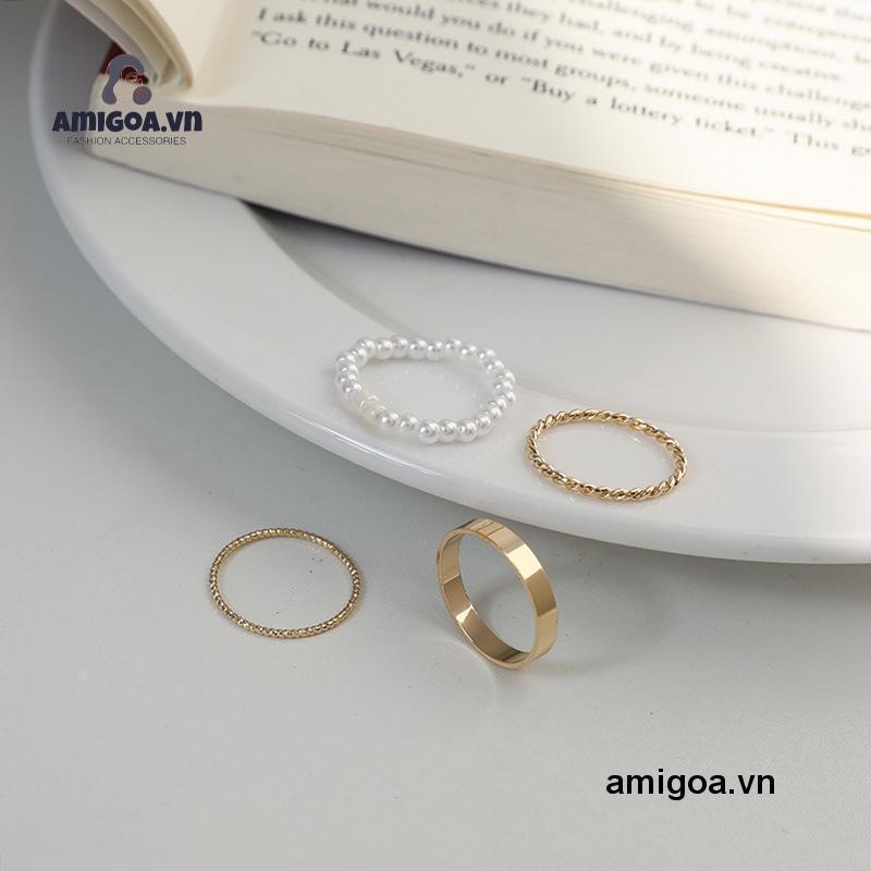 ✨✨Set 4 chiếc nhẫn bằng kim loại đính ngọc trai thiết kế hình học đơn giản thời trang Hàn Quốc