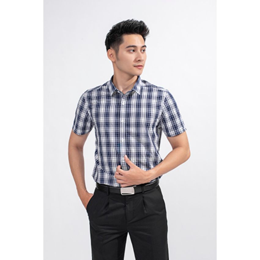 Áo sơ mi ngắn tay Aristino ASS003S9 màu trắng Caro xanh, slimfit, chất bamboo