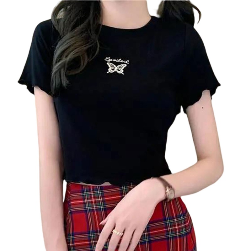 Áo Thun Croptop Ngắn Tay Cổ Tròn Thêu Họa Tiết Bướm Dễ Thương Thời Trang Mùa Hè Cho Nữ