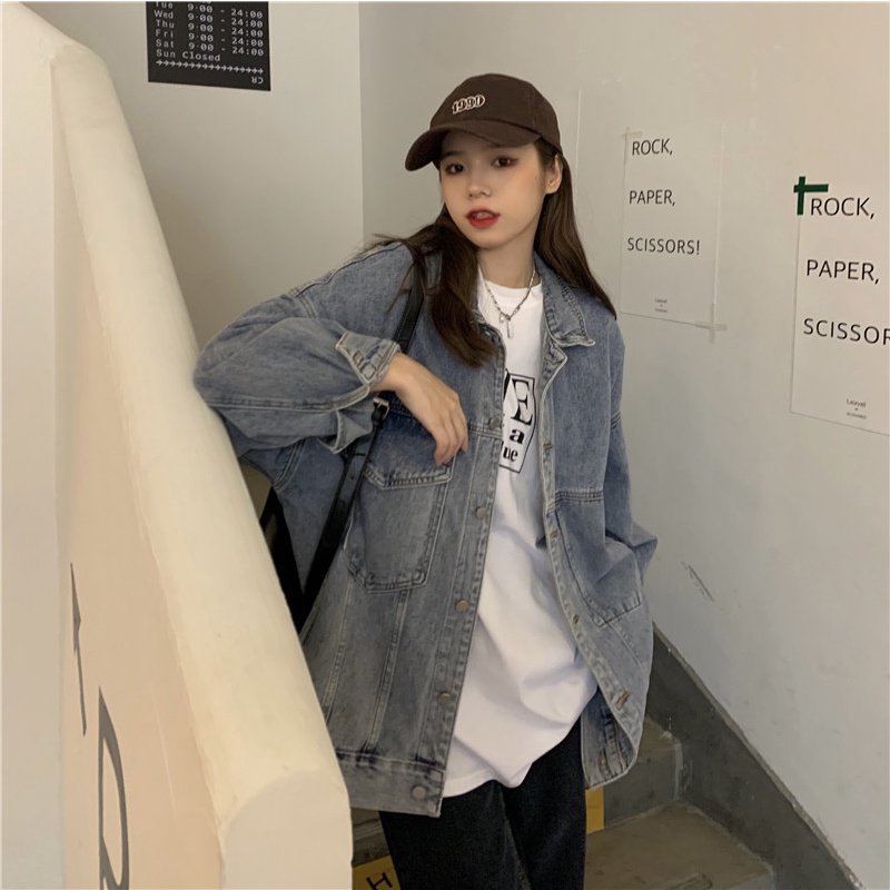 IELGY    Áo Khoác denim Tay Dài Dáng Rộng Màu Xanh Dương Sang Trọng Cho Nữ