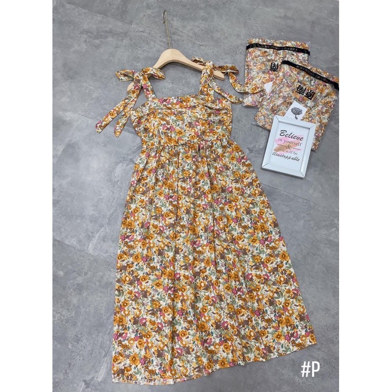 [Siêu Hot] Váy Maxi Hoa Vàng 2 Dây Buộc Nơ, Đầm Nữ Dáng Xoè Siêu Xinh Có Ảnh Thật Kèm Video | BigBuy360 - bigbuy360.vn