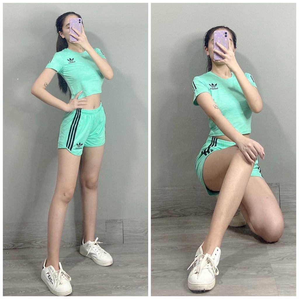 Bộ Đồ Tập Thể Thao Gym, Chạy Bộ Nữ Quần Đùi 2 Lớp - Áo Croptop 3 Sọc BTL2