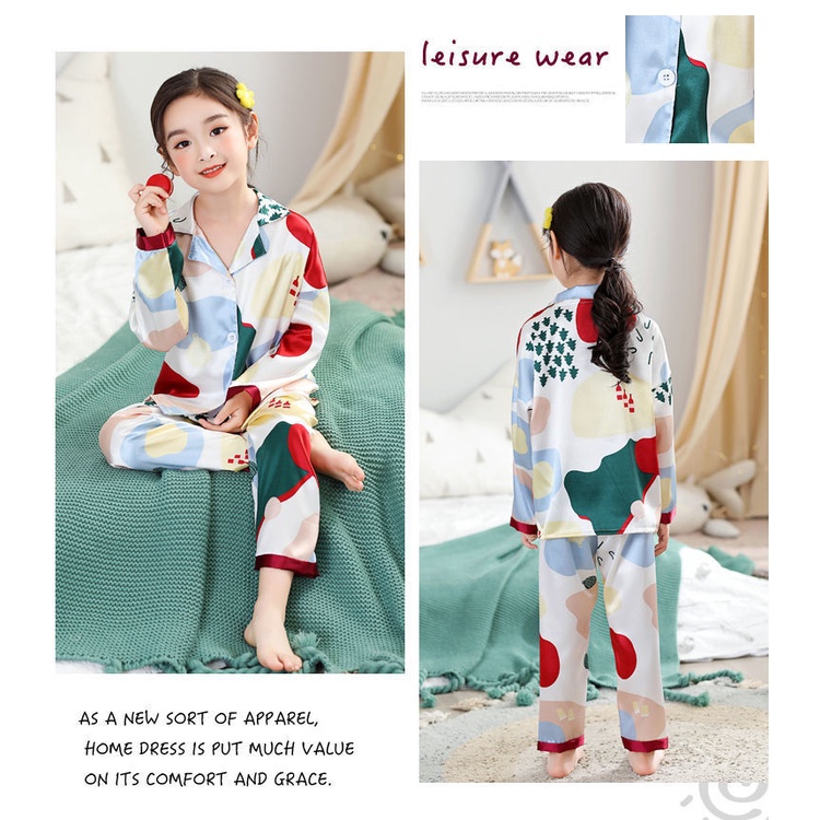 Bộ Đồ Ngủ Tay Dài Vải Lụa Lạnh Mỏng In Hoạt Hình Thời Trang Xuân Hè Cho Bé Gái