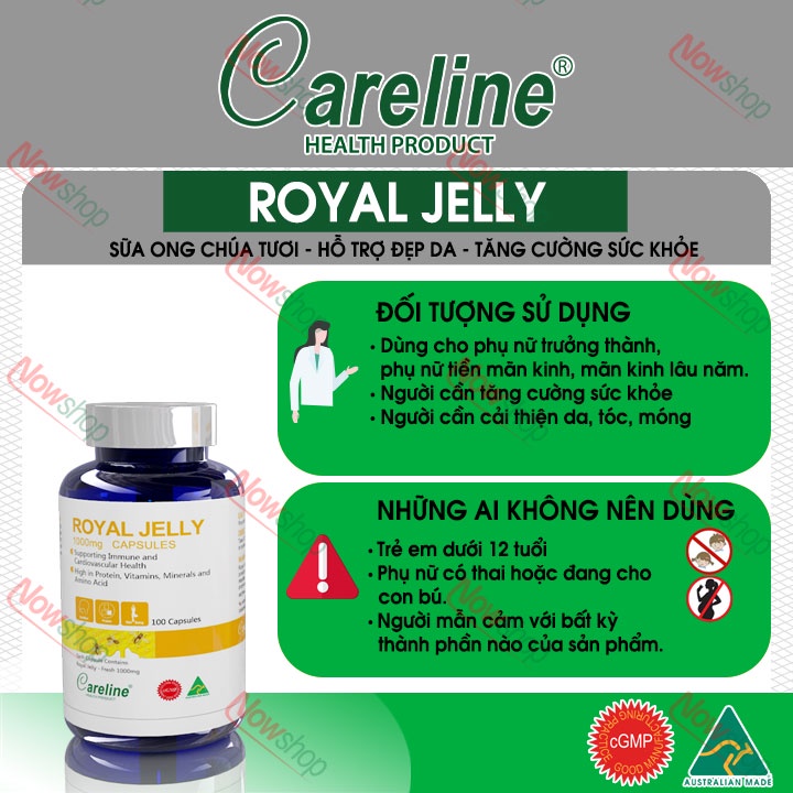 Viên uống sữa ong chúa tươi Careline Royal Jelly 1000mg tăng cường sức khỏe giúp đẹp da móng tóc ngăn ngừa lão hóa
