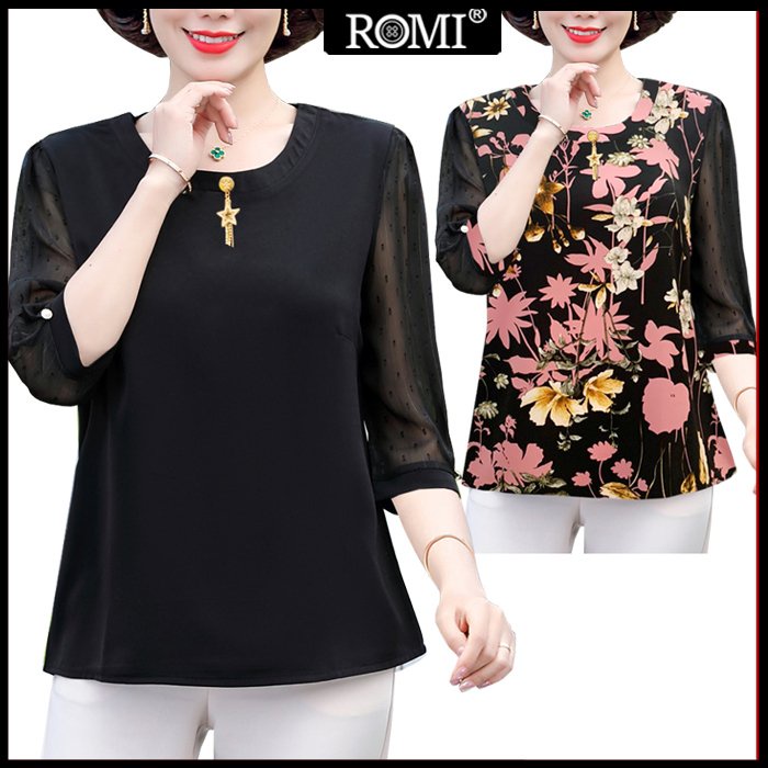 ROMI - Áo Trung Niên Kiểu U50-60 Bigsize Dành Tặng Mẹ Dạng Áo Sơ Mi Xếp Ly Tay Loe Cổ Nhún Bèo Cột Nơ 3A22 3A21