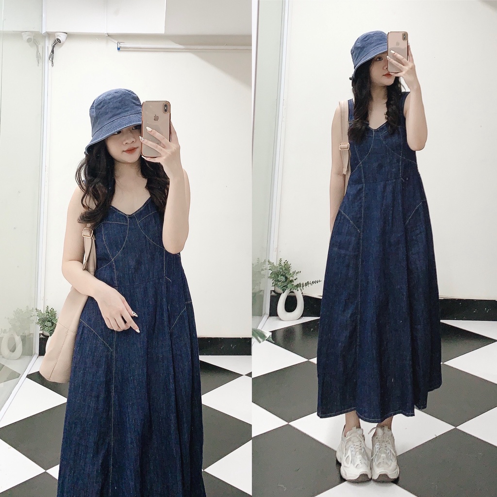 Váy 2 dây jeans dáng dài xòe bản to váy hai dây chun lưng 1993s Boutique mã 5996