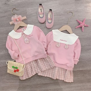 Set bg qccc áo nỉ hồng lót lông cà vạt mix chân váy kẻ