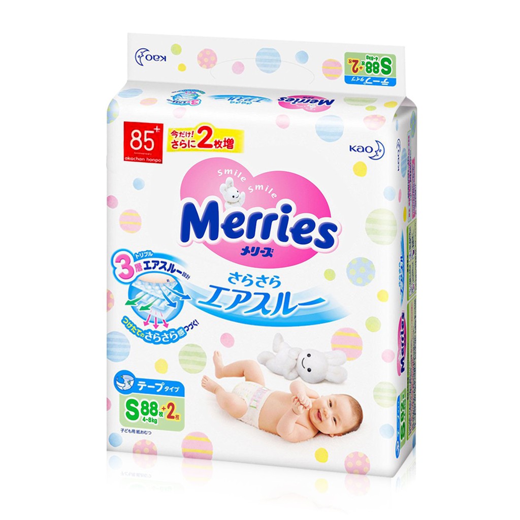 Bỉm/Tã dán Merries NB96+2/S88+2/M68/L58+2 hàng nội địa thêm miếng