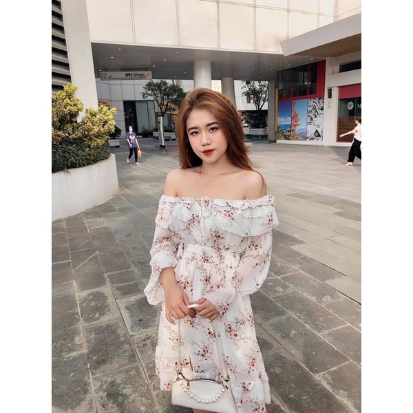 Váy hoa nhí trễ vai babydoll bèo tầng thắt chun eo, Đầm dự tiệc tiểu thư vintage Hàn Quốc (TTA115)