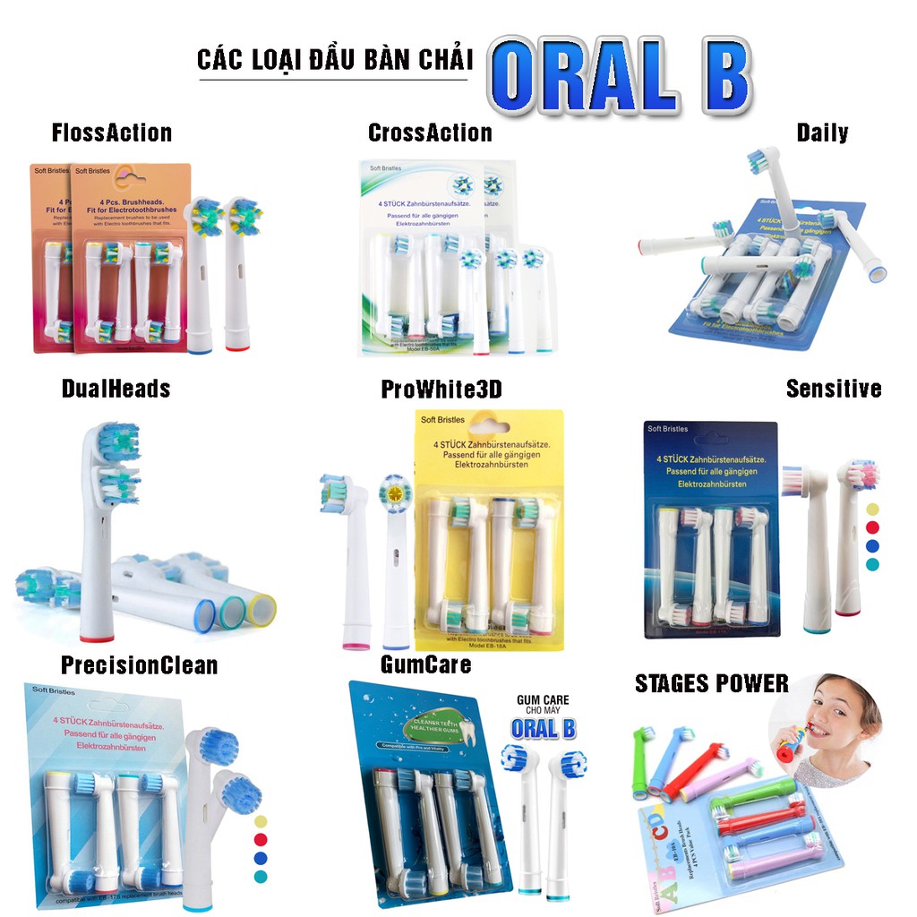 Set Bộ 4 đầu bàn chải đánh răng điện cho máy Oral B Braun, sợi lông mềm Dan House