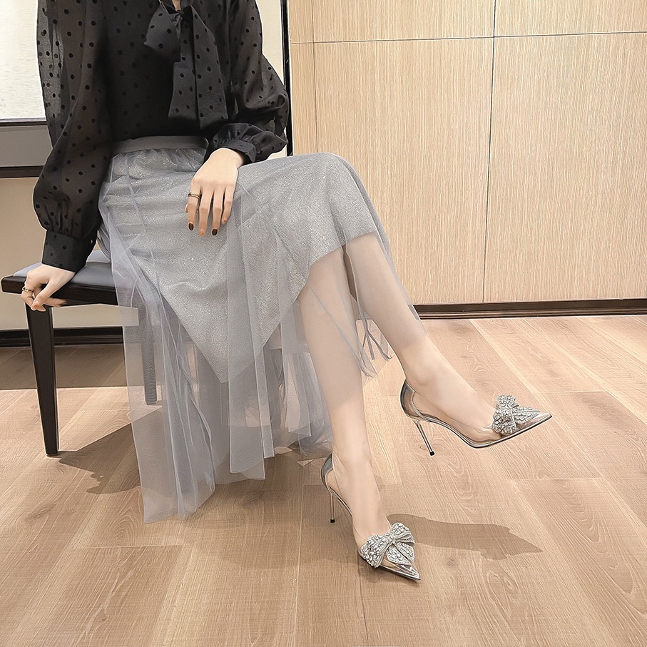 Giày cao gót trong suốt mặt nơ đá tiểu thư POCI 039
