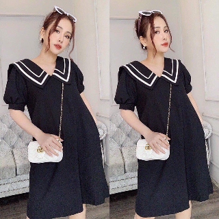 Đầm váy freesize đen viền trắng form suông