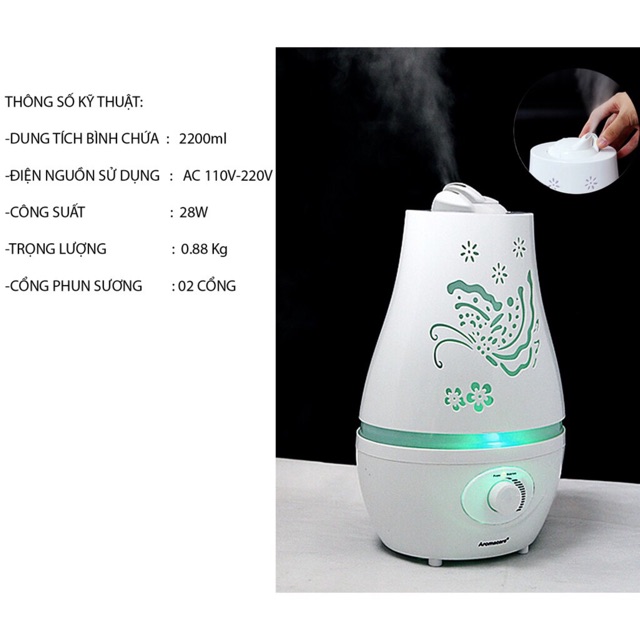 Máy Khuếch Tán Tinh Dầu Hồ Điệp Đáy Tròn - 2200ml với 2 vòi phun cực mạnh - bobashop.vn