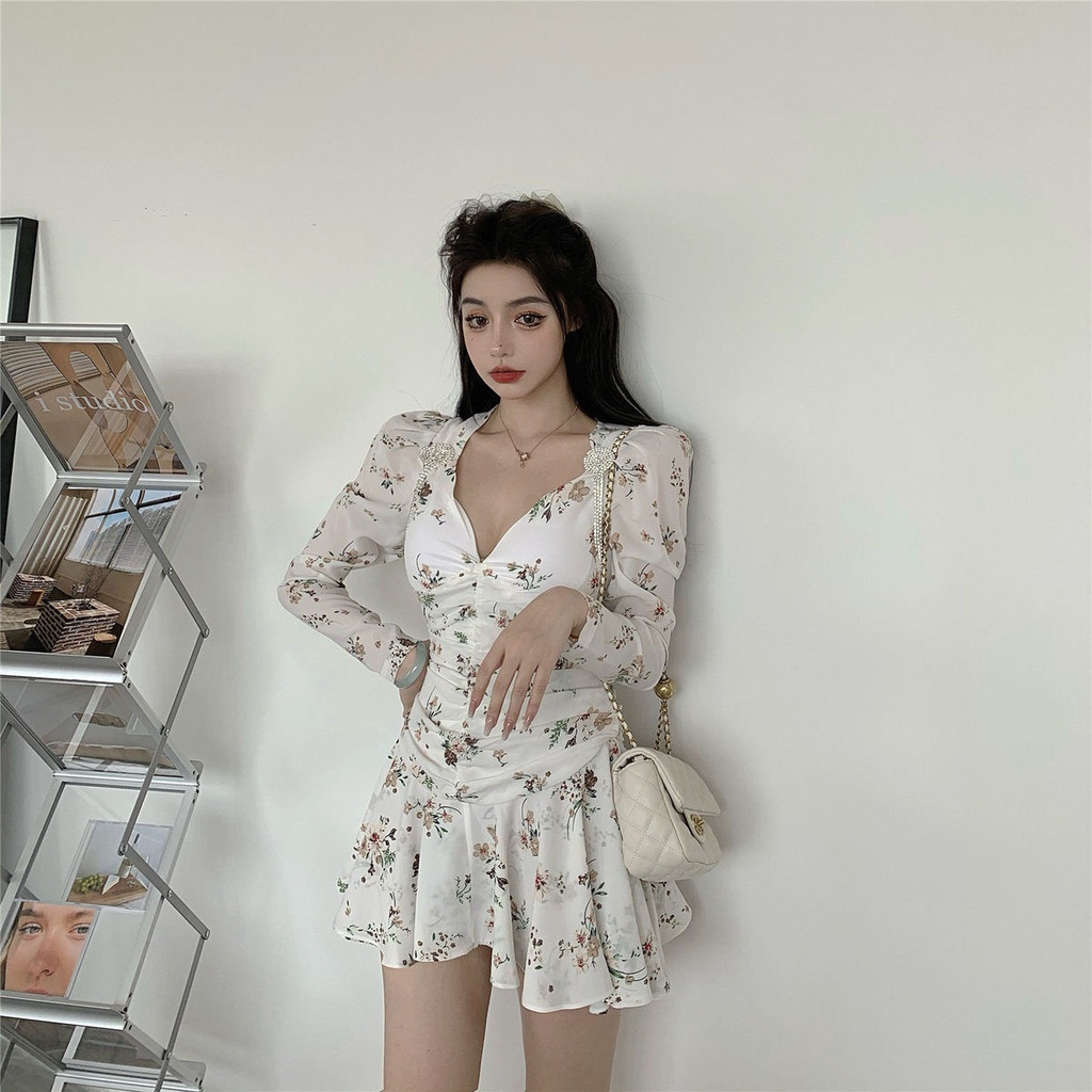 Đầm nữ cổ chữ V in hoa phong cách retro kiểu mới