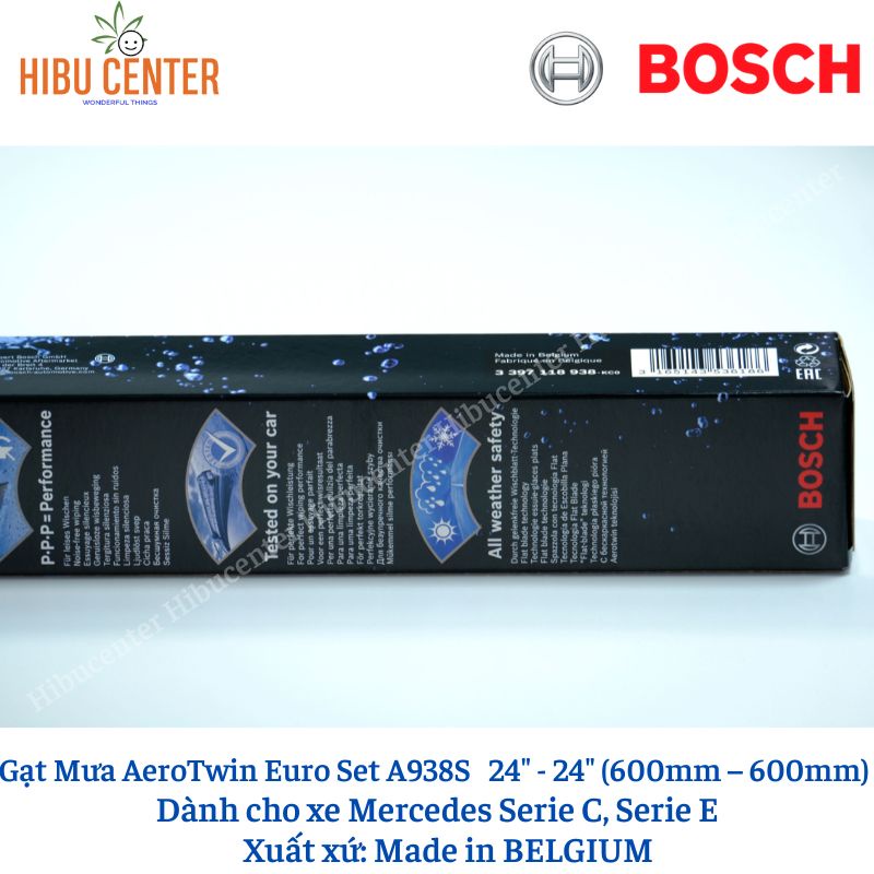 Gạt Mưa BOSCH AeroTwin Euro Set A938S Kích thước 24”/60cm – 24”/60cm | Dành cho Xe Mercedes Serie C, Serie E
