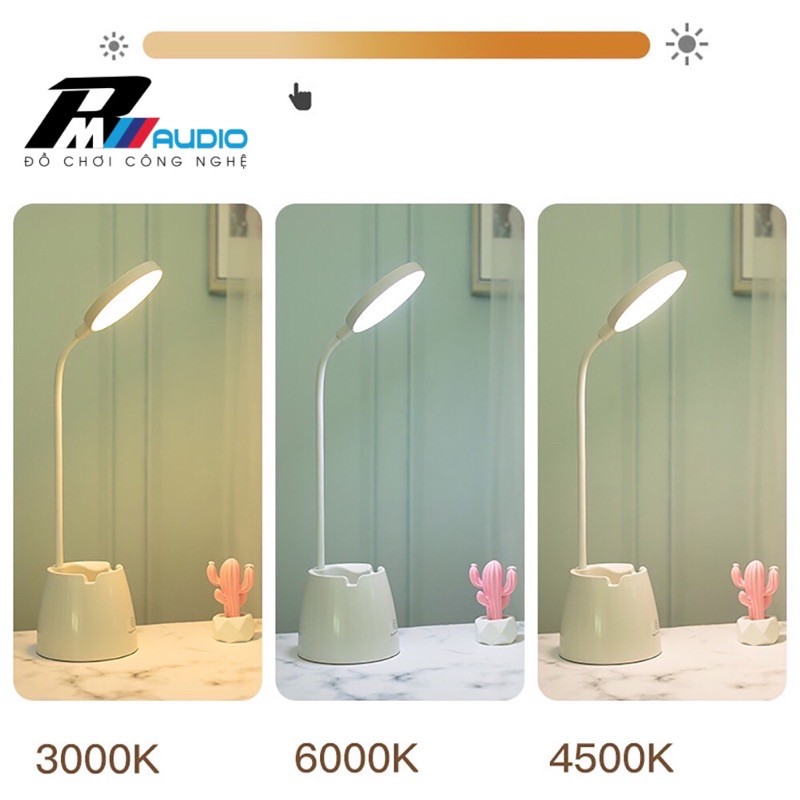 Đèn Học Để Bàn- Đèn Bàn Led Bảo Vệ Mắt, Tích Điện-3 Màu Ánh Sáng Chống Cận,Có Hộp Đựng Bút Và Giá Để Điện Thoại-BMVAUDIO