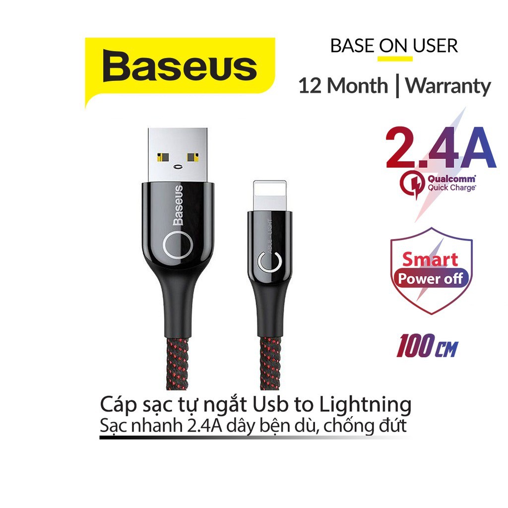 Cáp sạc nhanh 2.4A Baseus C-Shaped Lightning dây bện dù tự ngắt thông minh dài 1M cho iPhone/iPad